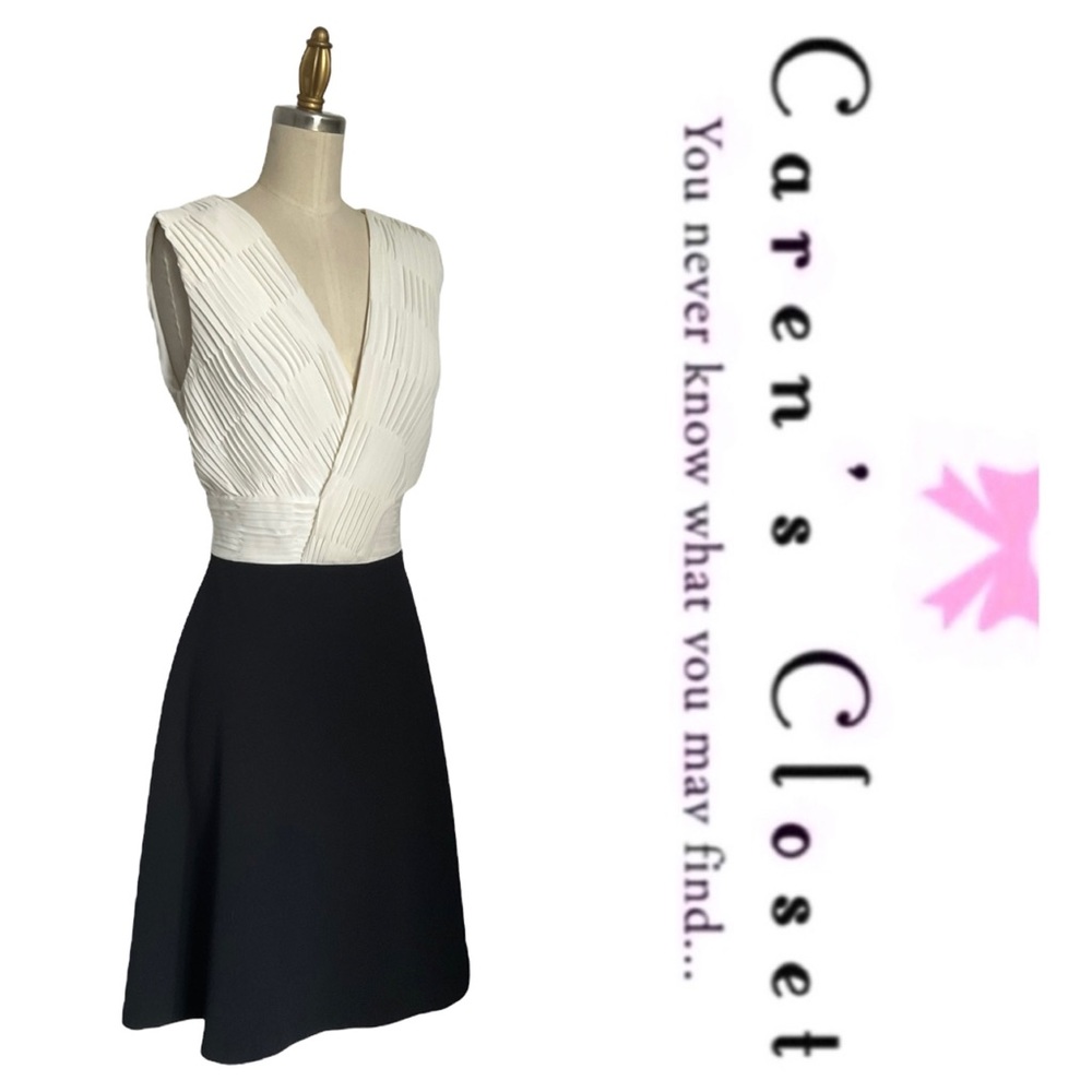 DKNY Black & White Chiffon Stretch Knit Cocktail Skater Fit & Flare Dress - Picture 7 of 16